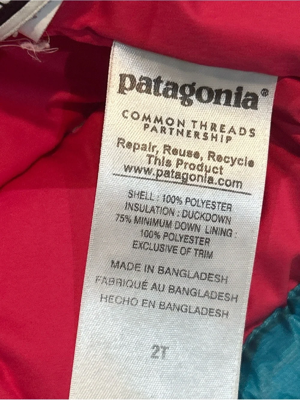 Girls Toddler Sz 2T Patagonia Hi Loft Down Hood Jacket Turquoise Blue Pink